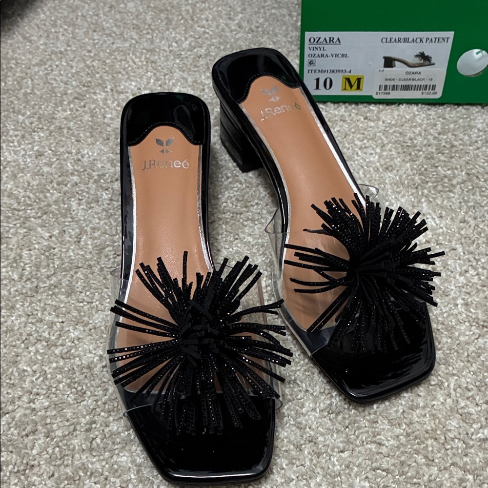 Ozara J.Renee  Black Heels with Dramatic Pom-Pom